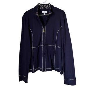 Karen Neuburger Dark Navy Blue Active Zip-Front Jacket White Stitching Detail L